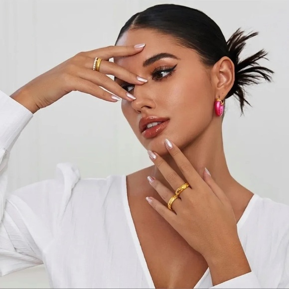 Anthropologie 18K Gold Stainless Steel Pink Hoop Earrings - Picture 3 of 9